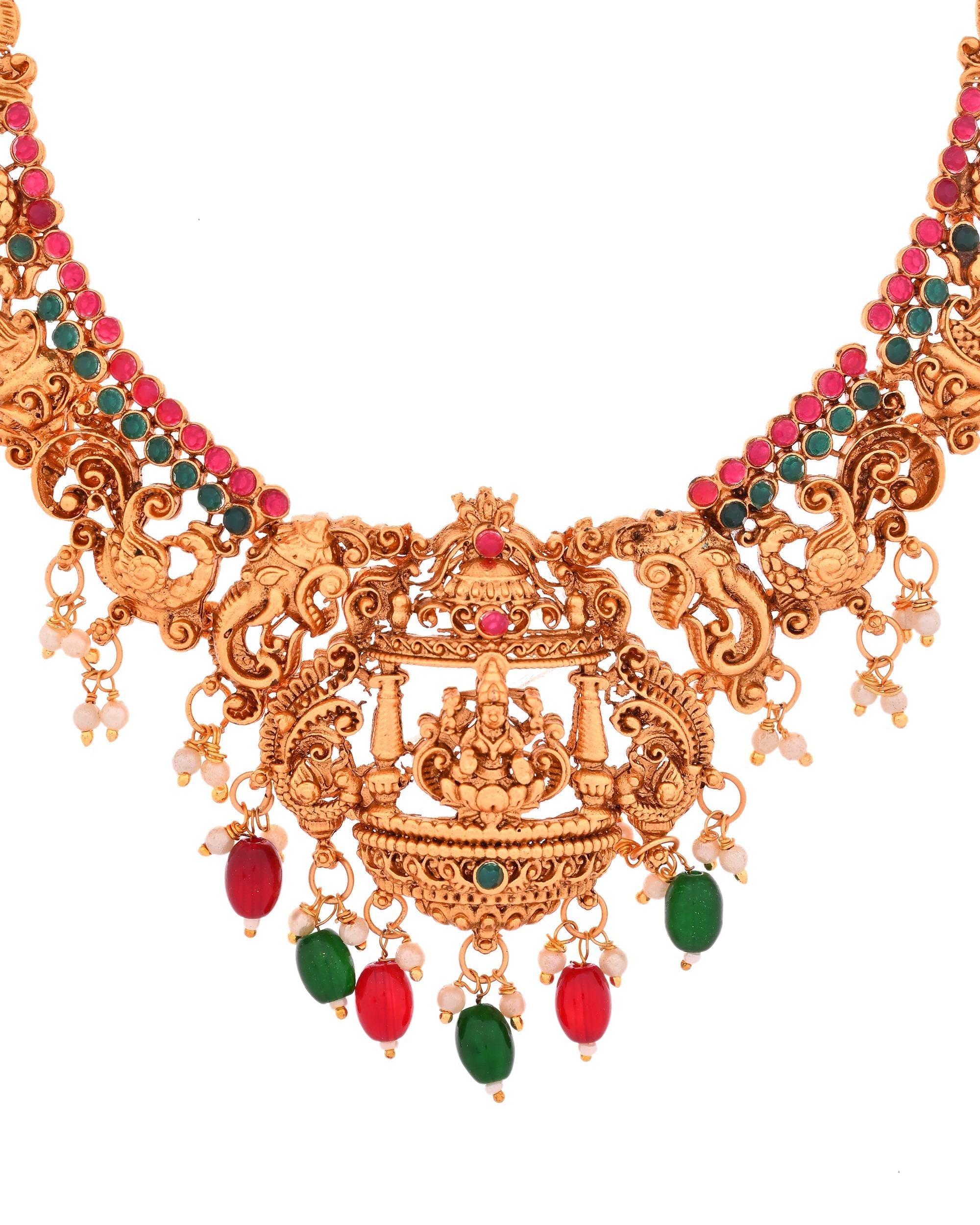 VOJ Gold Polished Beaded Temple Jewellery Set