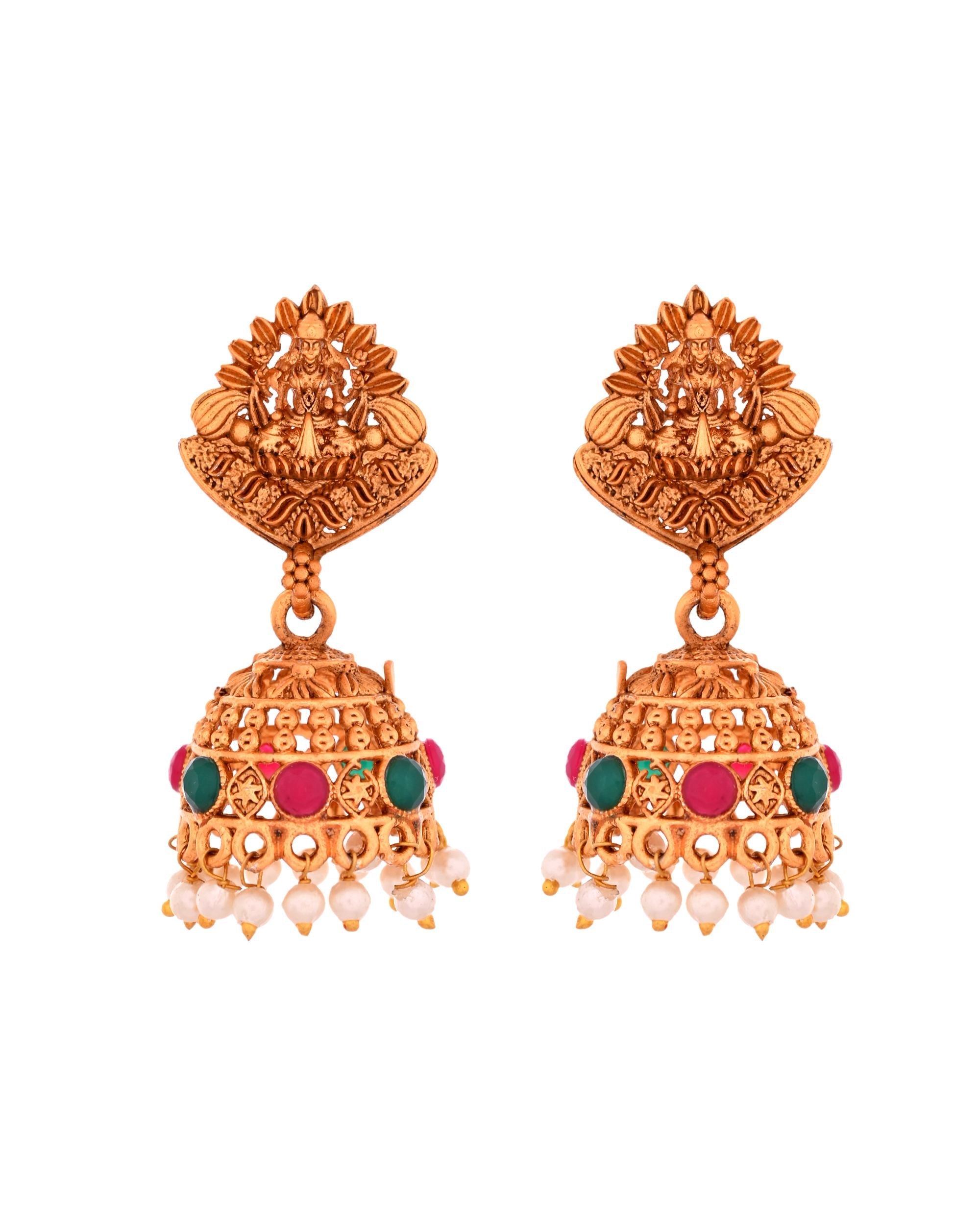 VOJ Gold Polished Beaded Temple Jewellery Set