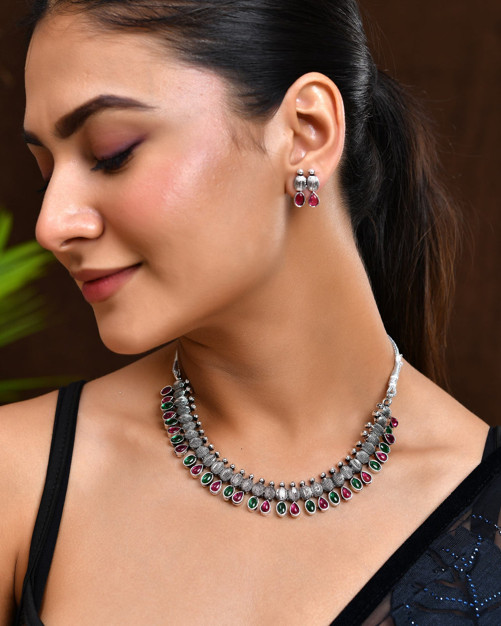 VOJ Oxidized Silver Toned Green And Pink Stone Studded Jewellery Set