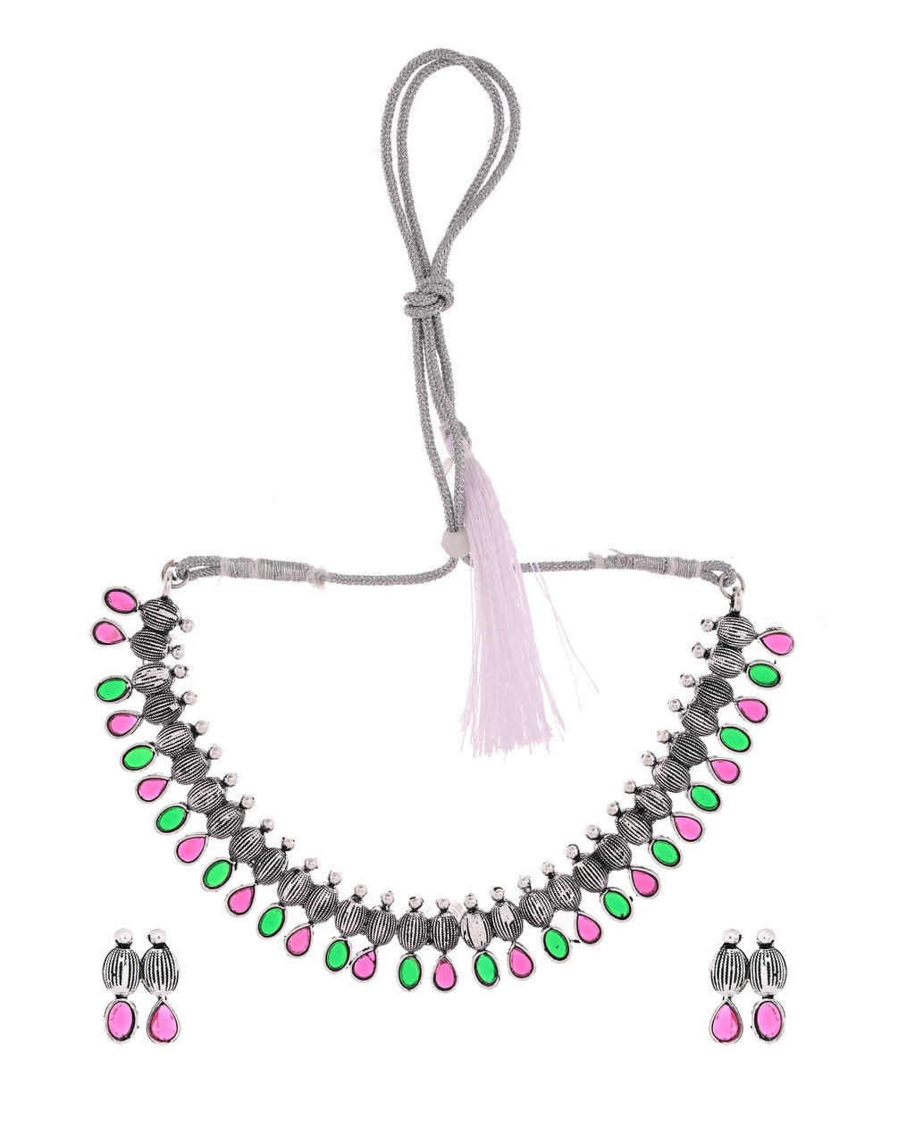 VOJ Oxidized Silver Toned Green And Pink Stone Studded Jewellery Set