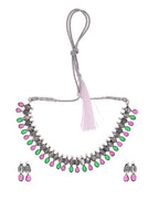 VOJ Oxidized Silver Toned Green And Pink Stone Studded Jewellery Set