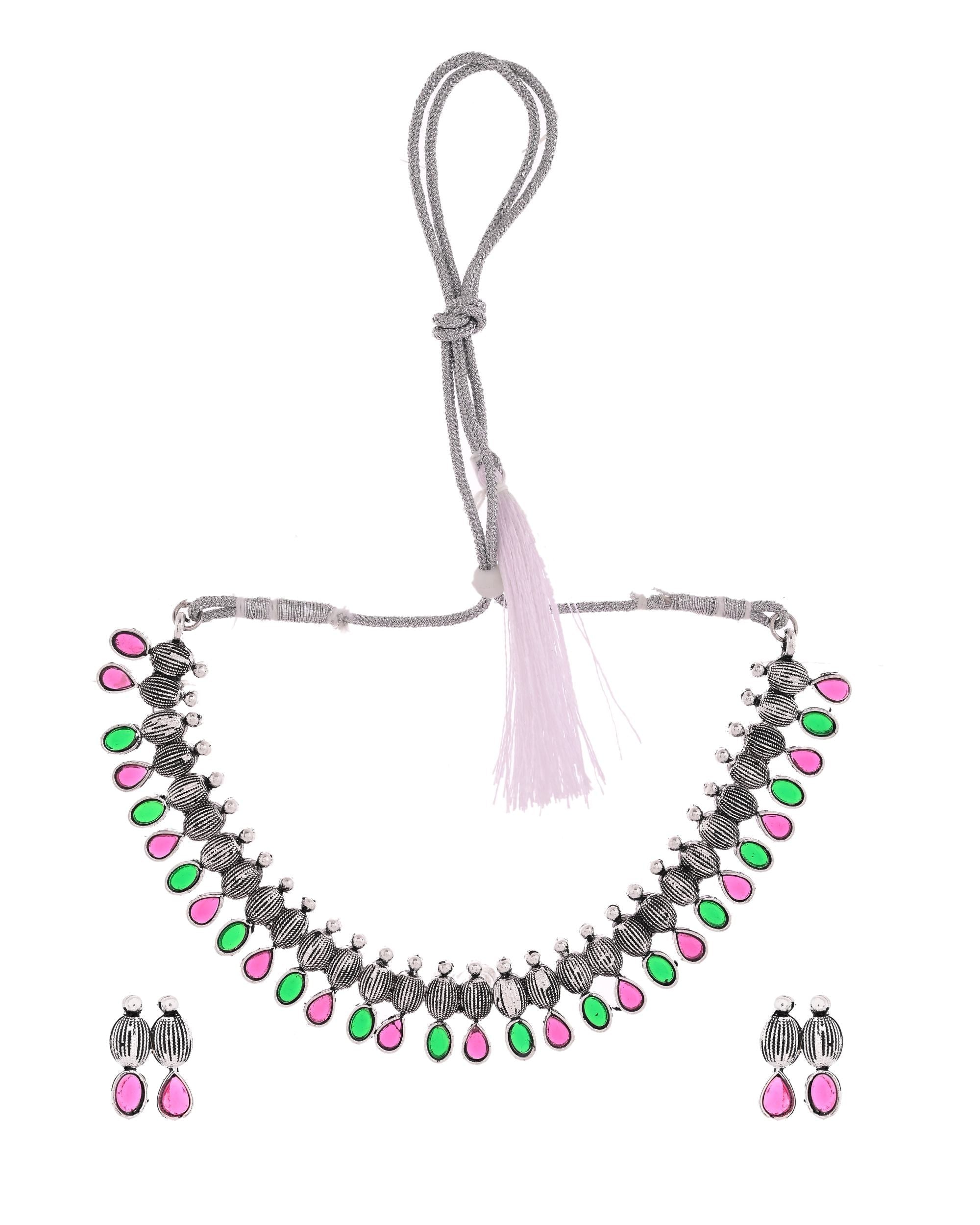 VOJ Oxidized Silver Toned Green And Pink Stone Studded Jewellery Set