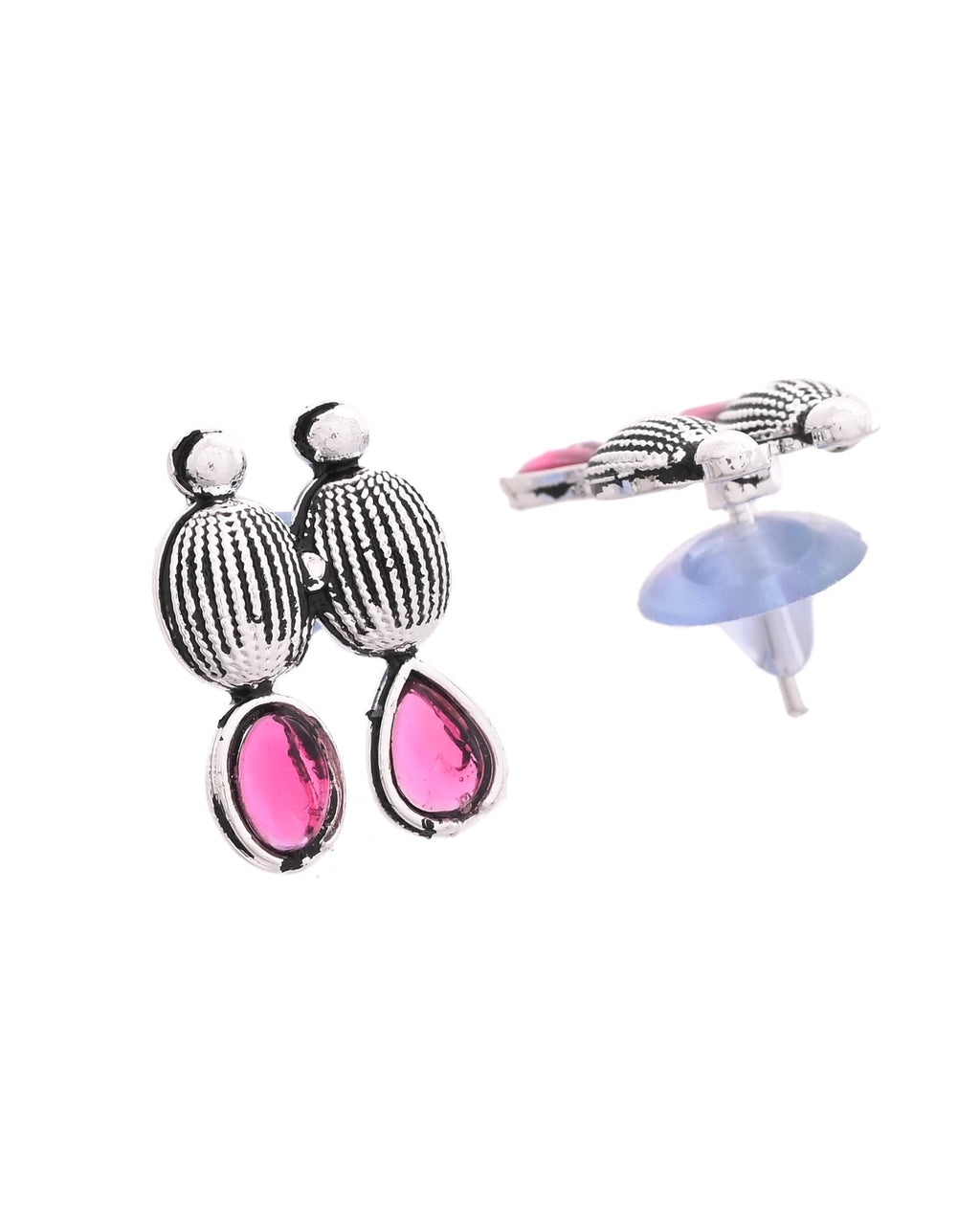 VOJ Oxidized Silver Toned Green And Pink Stone Studded Jewellery Set