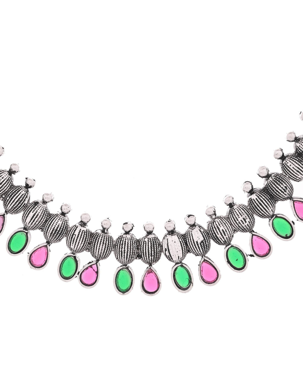 VOJ Oxidized Silver Toned Green And Pink Stone Studded Jewellery Set