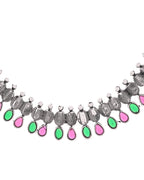 VOJ Oxidized Silver Toned Green And Pink Stone Studded Jewellery Set