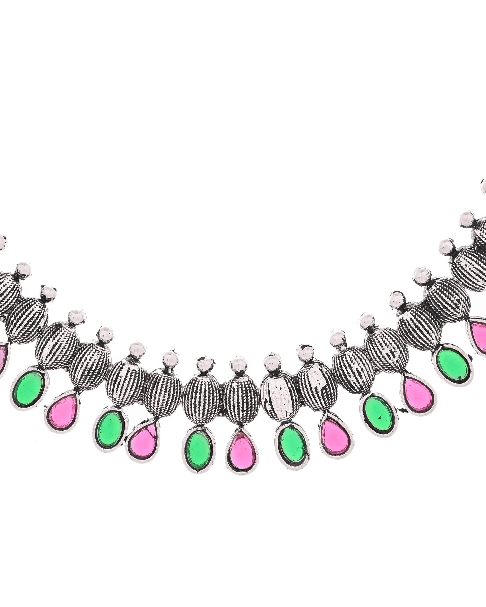 VOJ Oxidized Silver Toned Green And Pink Stone Studded Jewellery Set