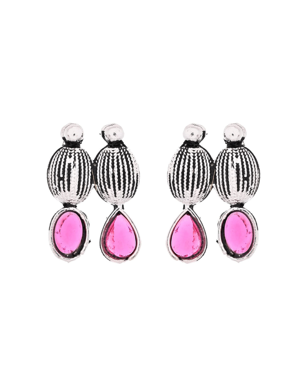 VOJ Oxidized Silver Toned Green And Pink Stone Studded Jewellery Set