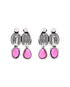 VOJ Oxidized Silver Toned Green And Pink Stone Studded Jewellery Set