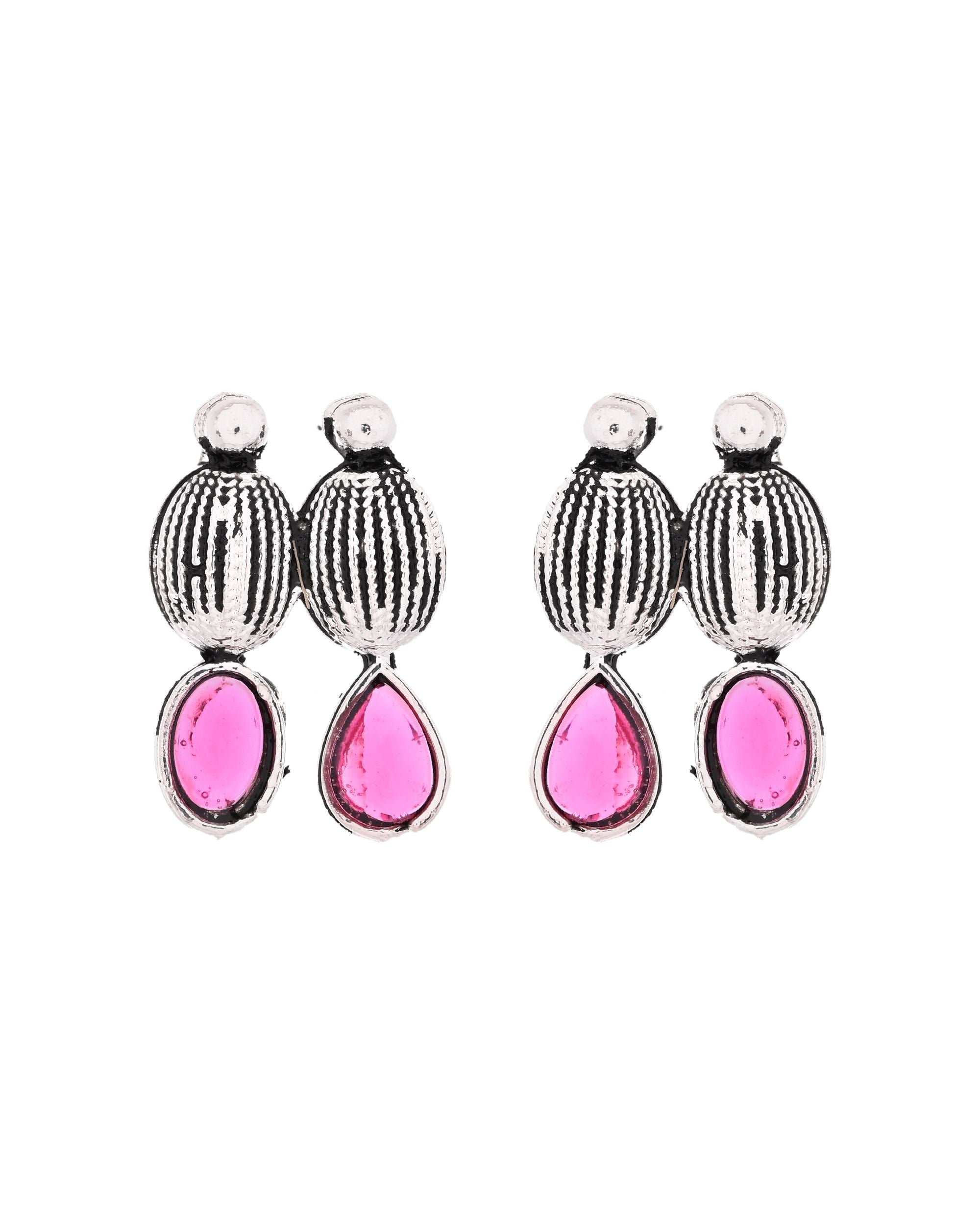 VOJ Oxidized Silver Toned Green And Pink Stone Studded Jewellery Set