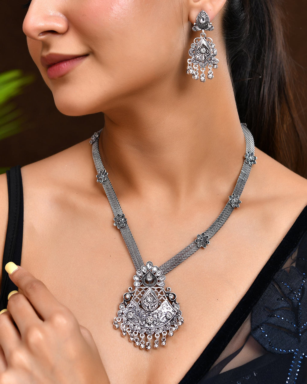 VOJ Oxidized Silver-Plated Artificial Beaded Long Jewellery Set