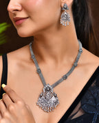 VOJ Oxidized Silver-Plated Artificial Beaded Long Jewellery Set
