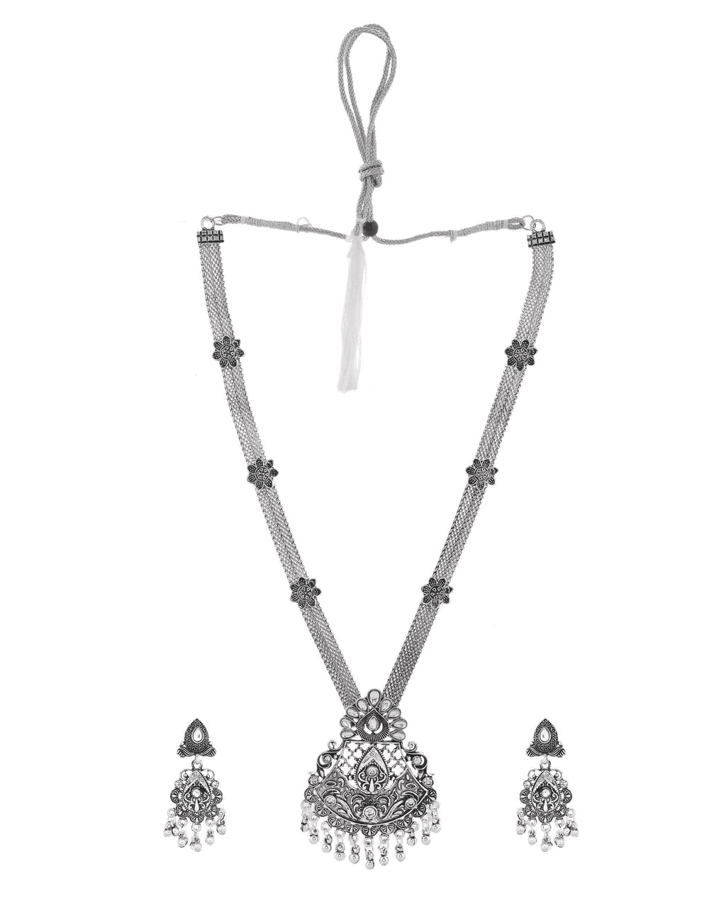 VOJ Oxidized Silver-Plated Artificial Beaded Long Jewellery Set