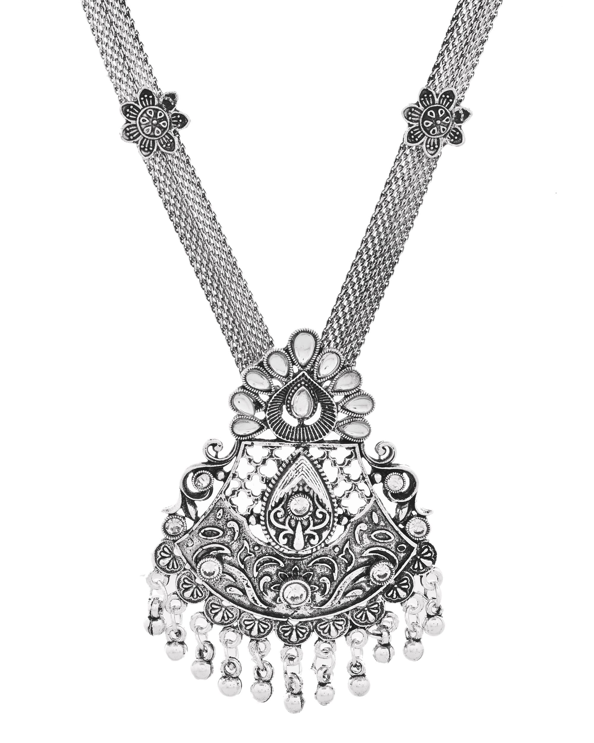 VOJ Oxidized Silver-Plated Artificial Beaded Long Jewellery Set
