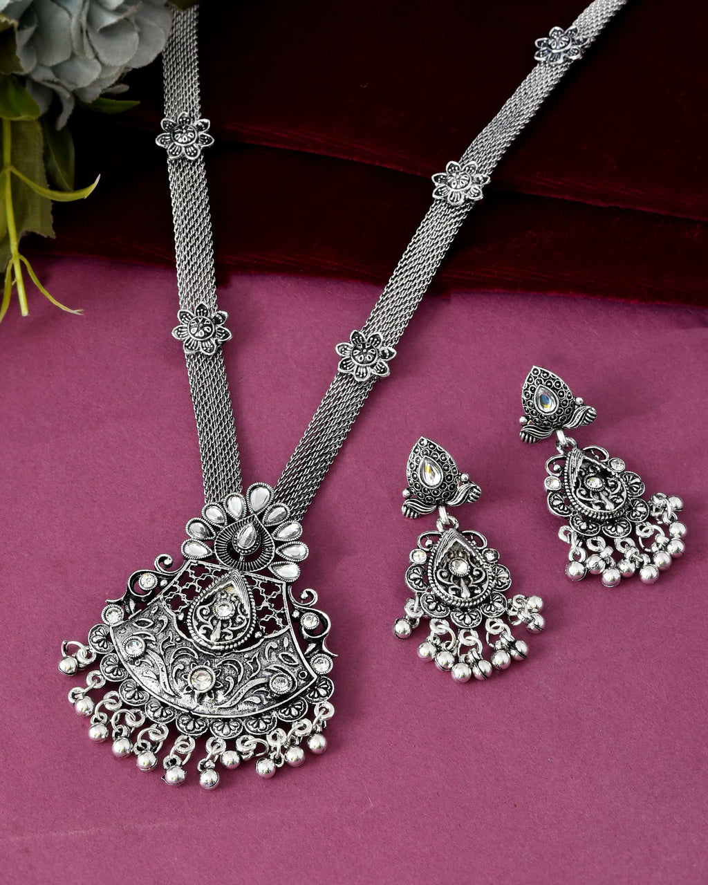 VOJ Oxidized Silver-Plated Artificial Beaded Long Jewellery Set