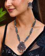 VOJ Oxidized Silver-Plated Artificial Stone And Beaded Long Jewellery Set