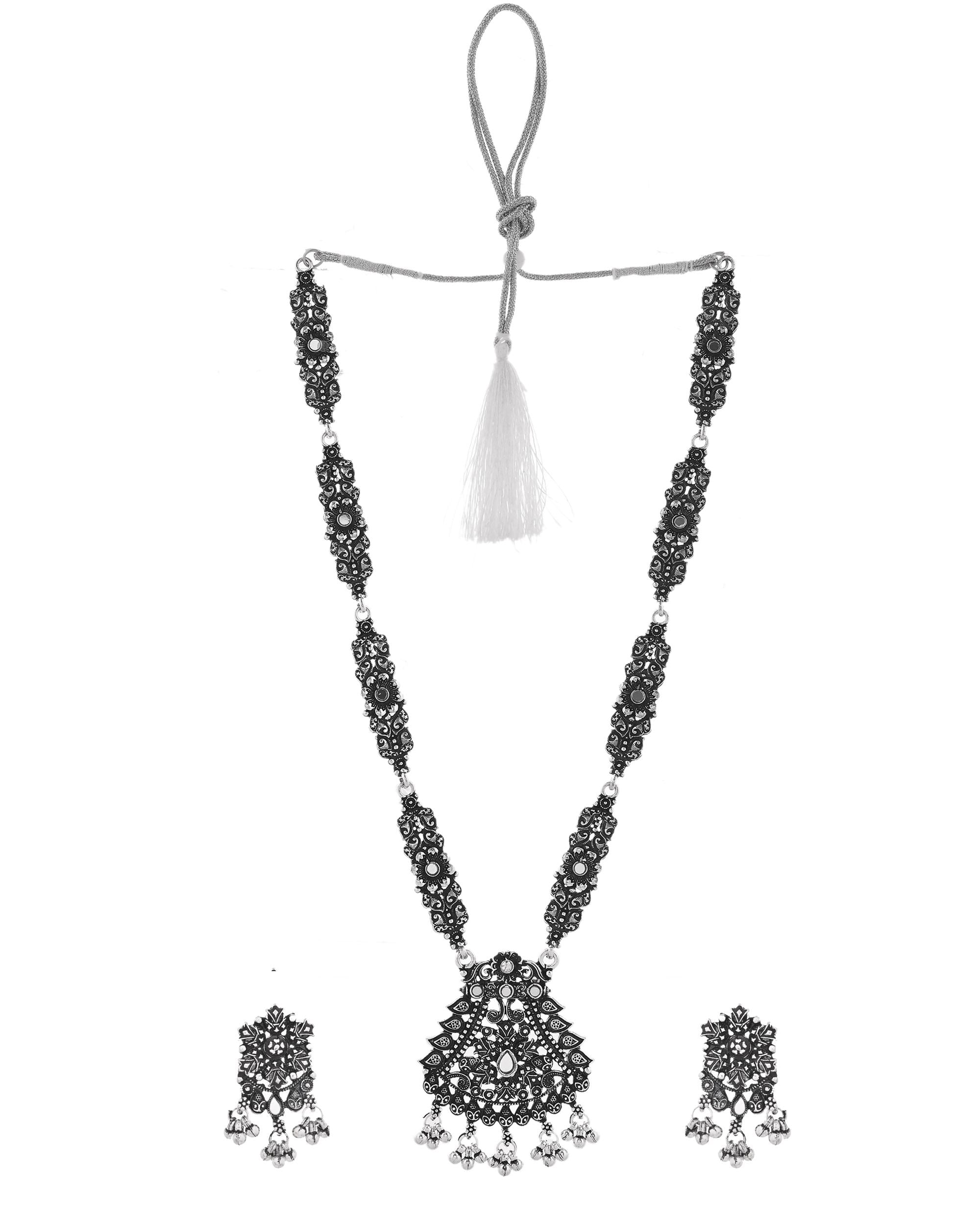 VOJ Oxidized Silver-Plated Artificial Stone And Beaded Long Jewellery Set