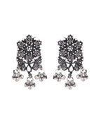 VOJ Oxidized Silver-Plated Artificial Stone And Beaded Long Jewellery Set