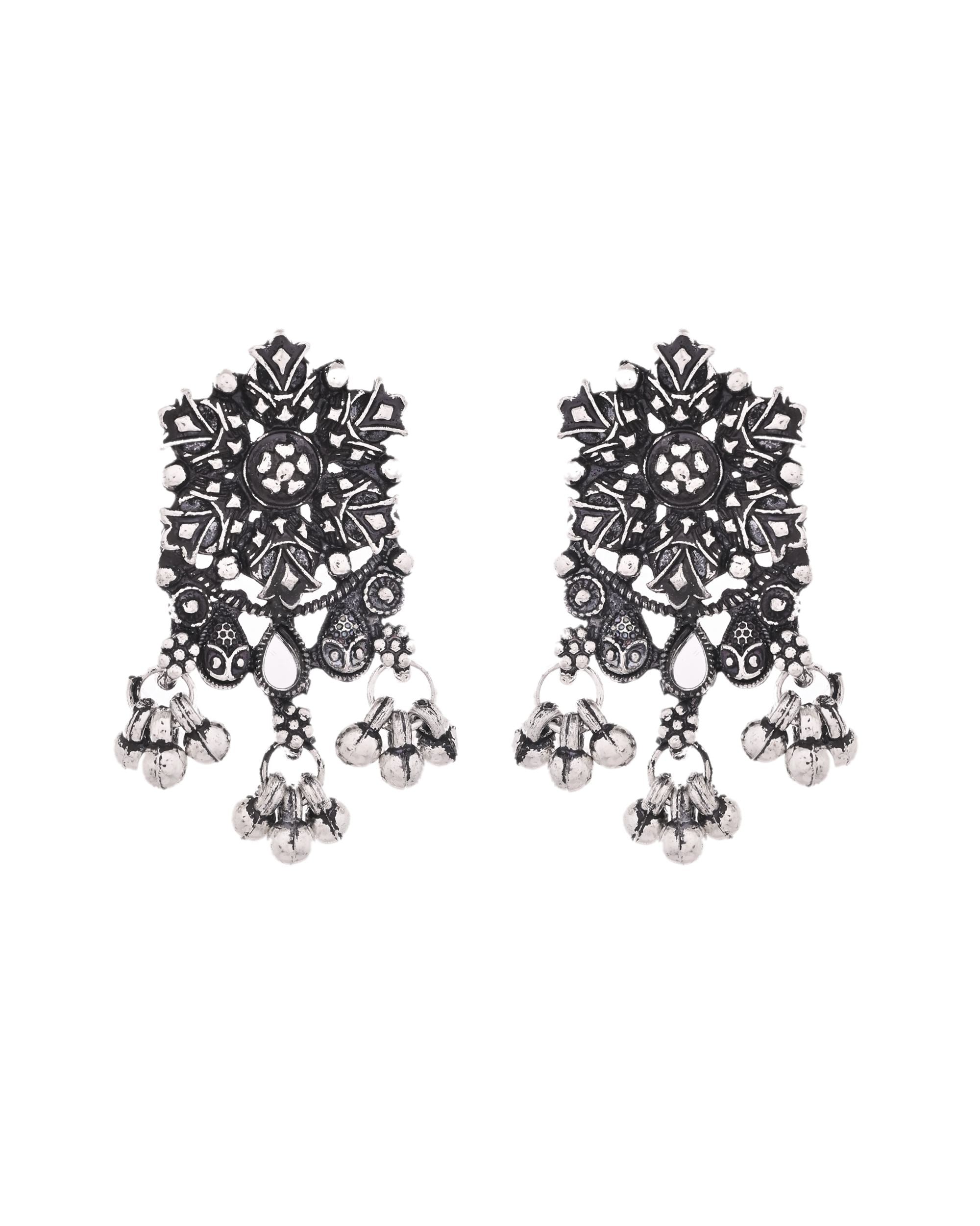 VOJ Oxidized Silver-Plated Artificial Stone And Beaded Long Jewellery Set