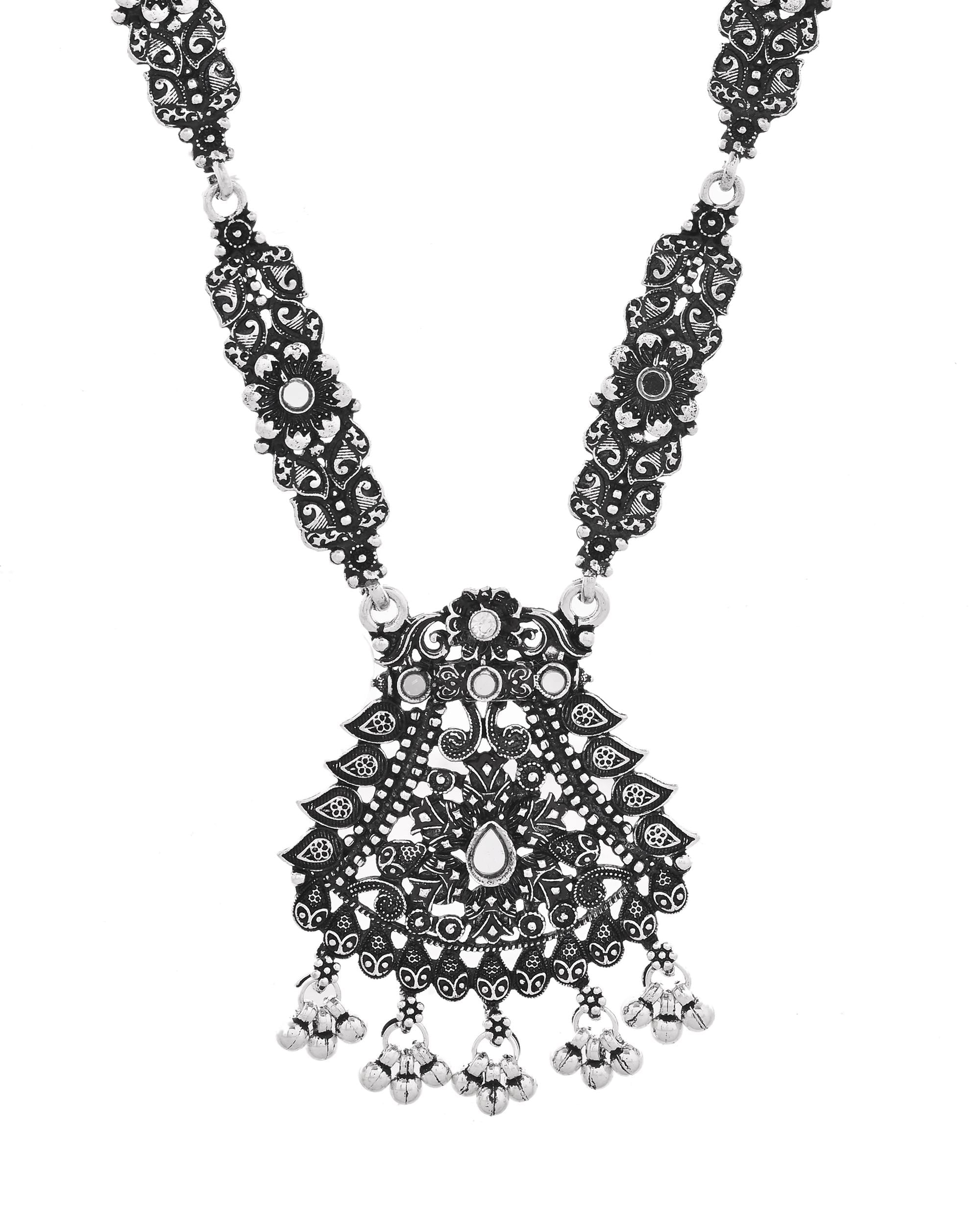 VOJ Oxidized Silver-Plated Artificial Stone And Beaded Long Jewellery Set