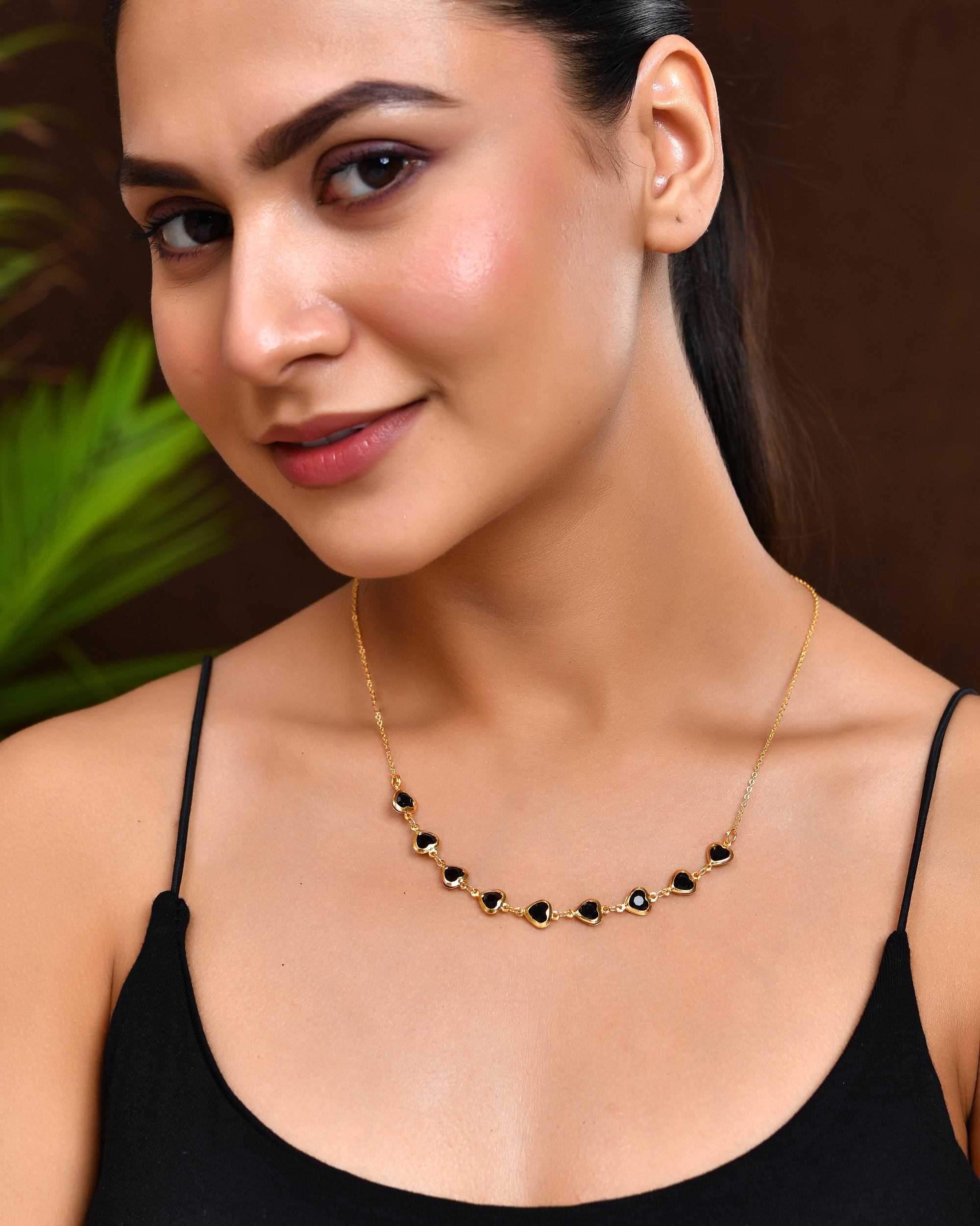 VOJ Gold Polished Stainless Steel Black Hear Shaped Stone Chain - Distacart