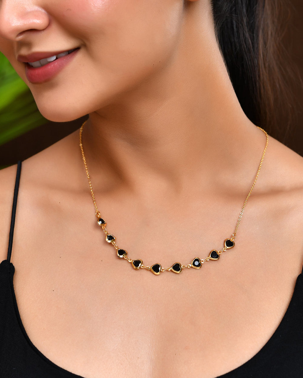 VOJ Gold Polished Stainless Steel Black Hear Shaped Stone Chain - Distacart
