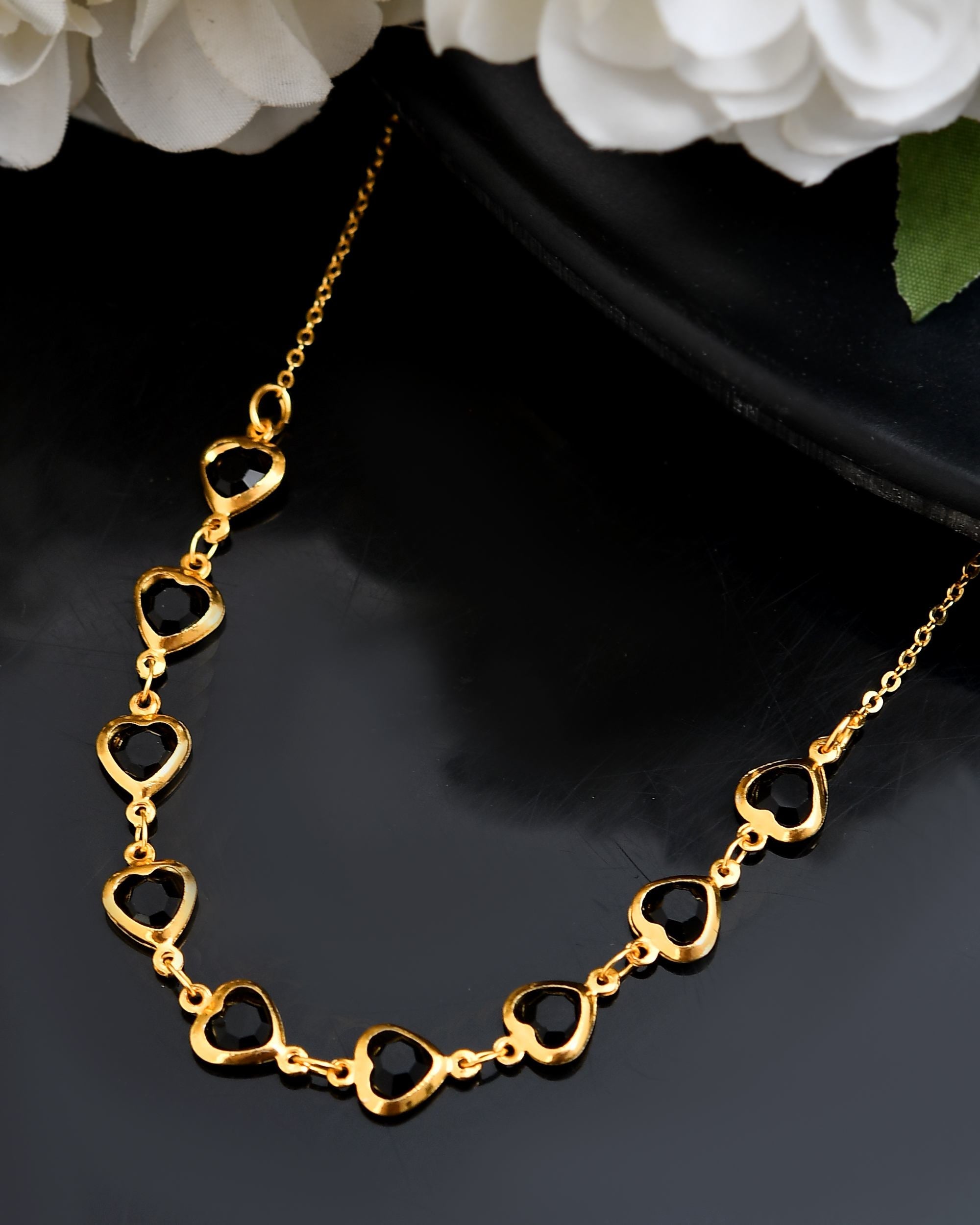 VOJ Gold Polished Stainless Steel Black Hear Shaped Stone Chain - Distacart