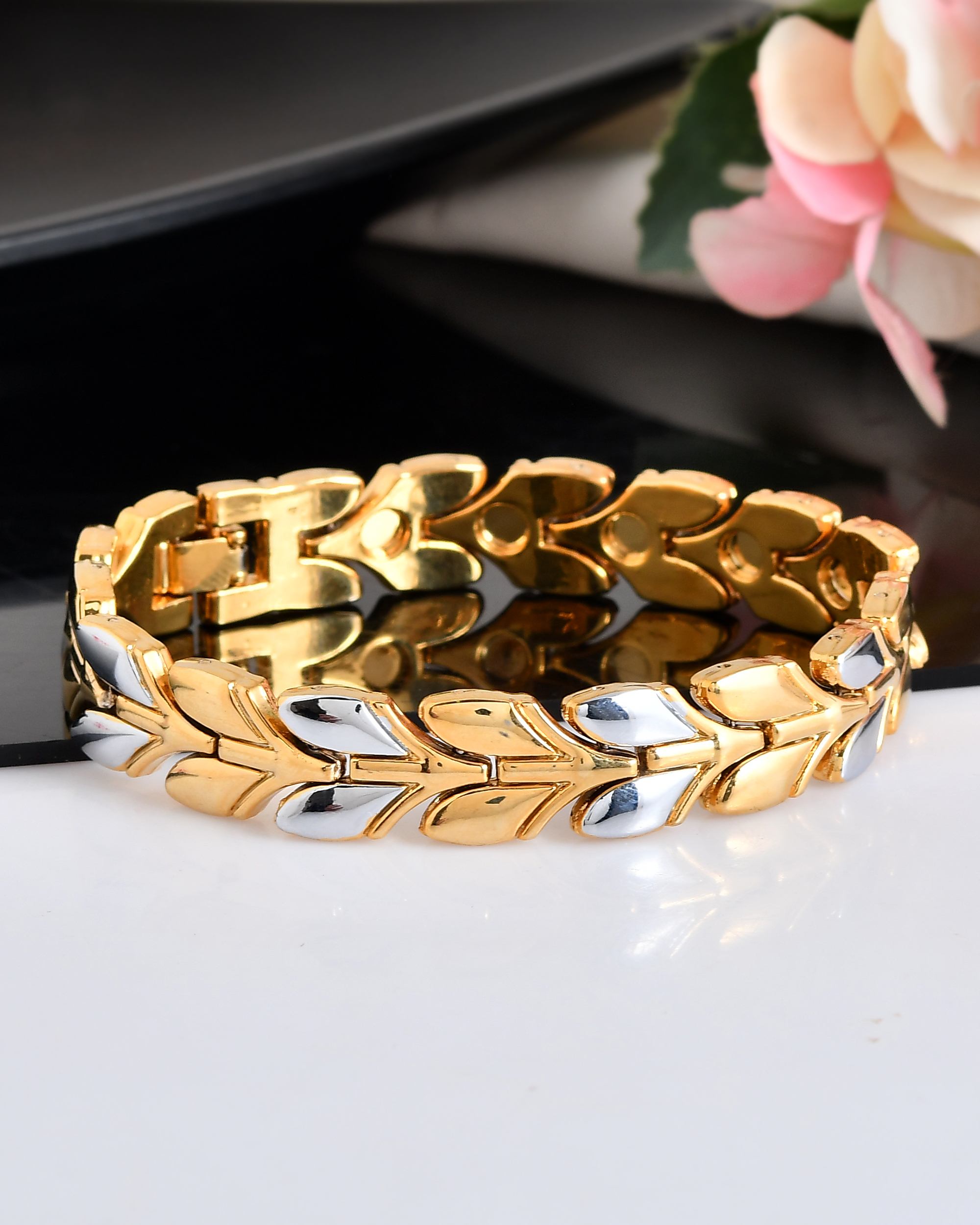 VOJ Gold Toned & Silver-Toned Stainless Steel Magnetic Wheat Chain Bracelet - Distacart