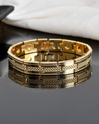VOJ Men Gold-Toned Stainless Steel Grid Pattern Chain Bracelet - Distacart