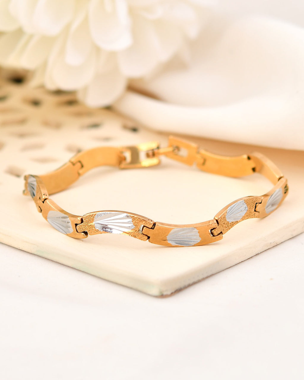 VOJ Men Gold Polished & Silver-Toned Exquisite Waved Linked Bracelet - Distacart