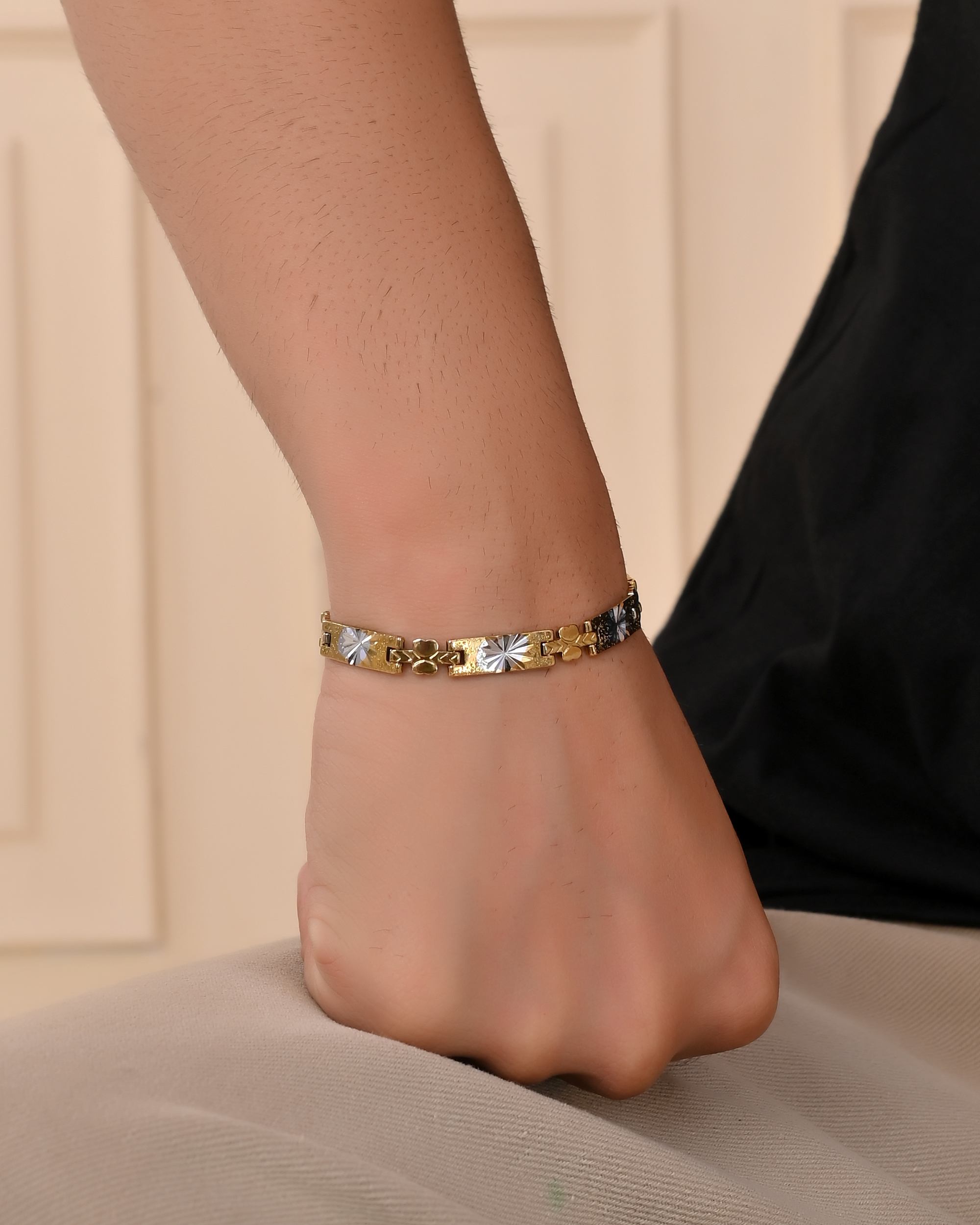 VOJ Men's Double Toned Stainless Steel Textural Linked Bracelet - Distacart