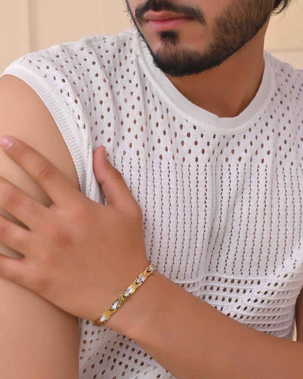 VOJ Gold And Silver Toned Stainless Steel Textural Linked Bracelet For Men - Distacart