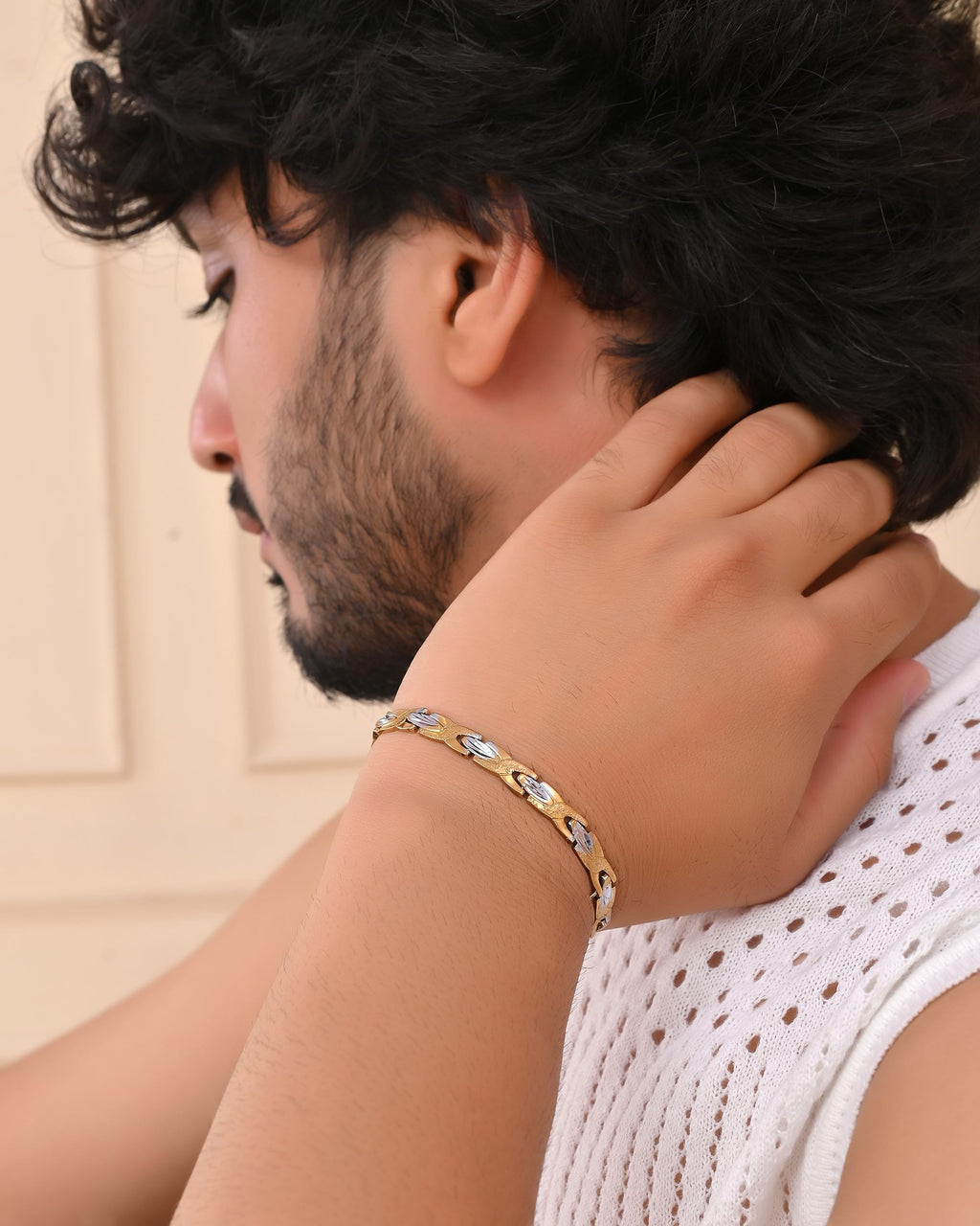 VOJ Gold And Silver Toned Stainless Steel Textural Linked Bracelet For Men - Distacart