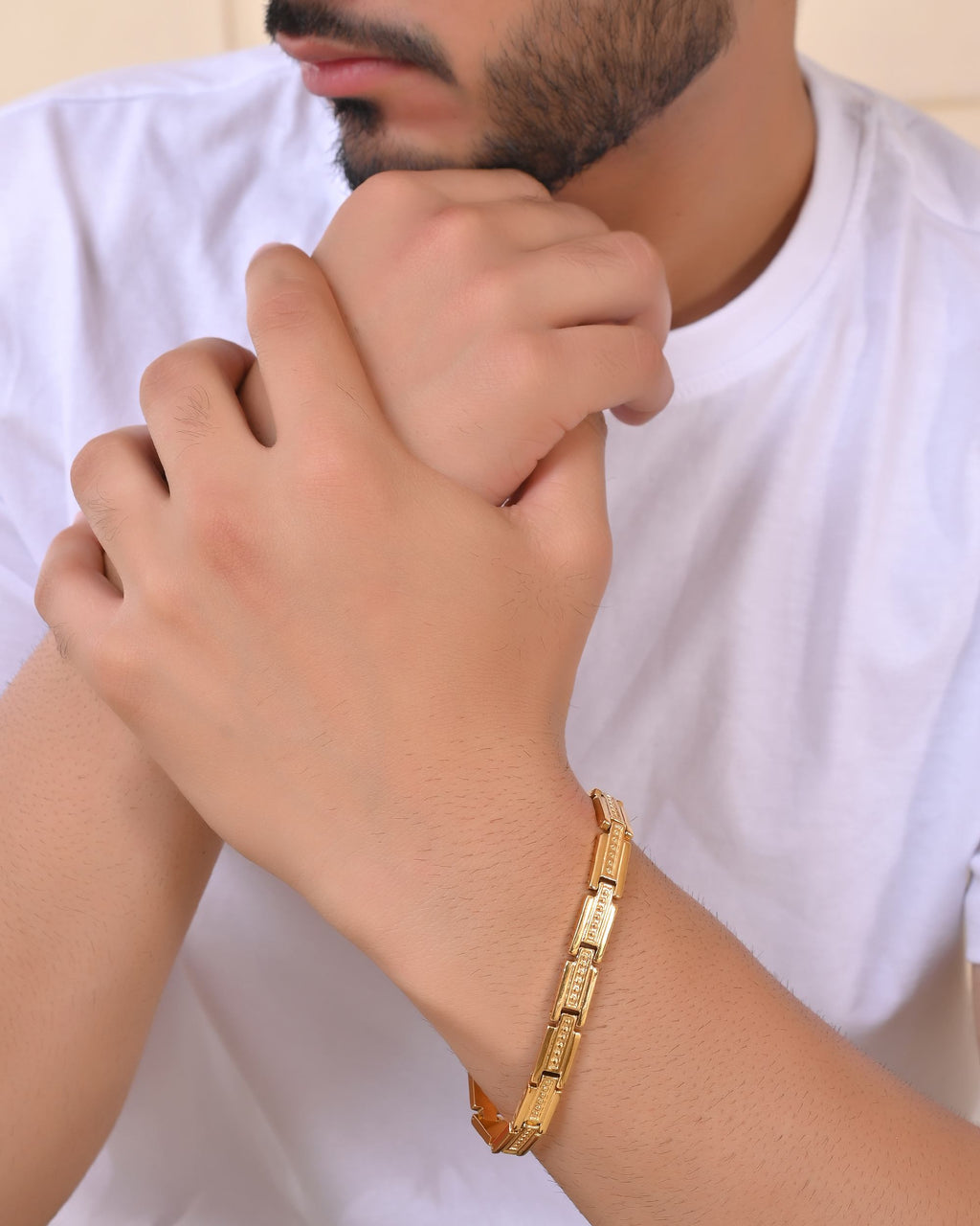 VOJ Men Gold Polished Textural Link Bracelet - Distacart