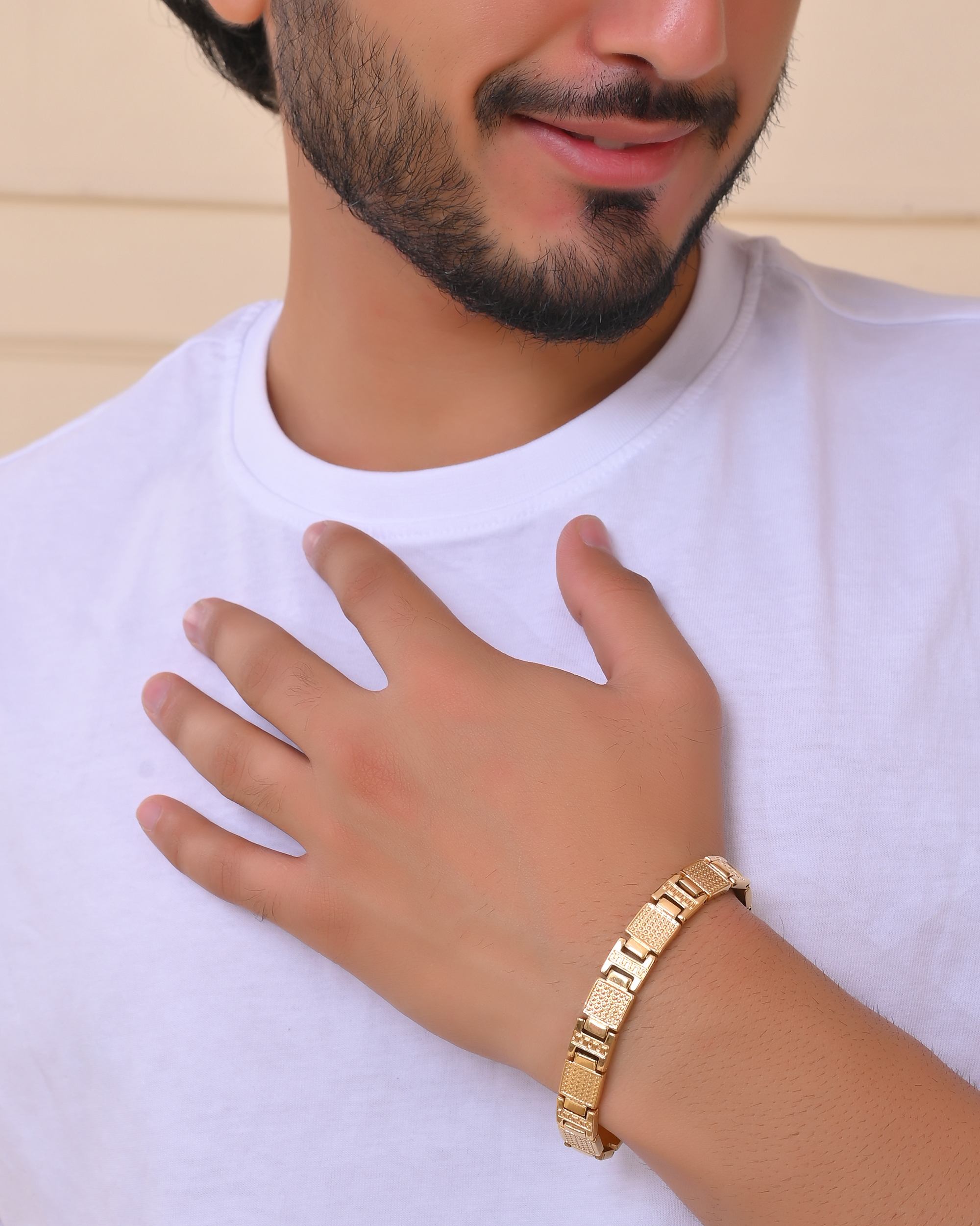 VOJ Men Gold-Toned Stainless Steel Textured Chain Bracelet - Distacart