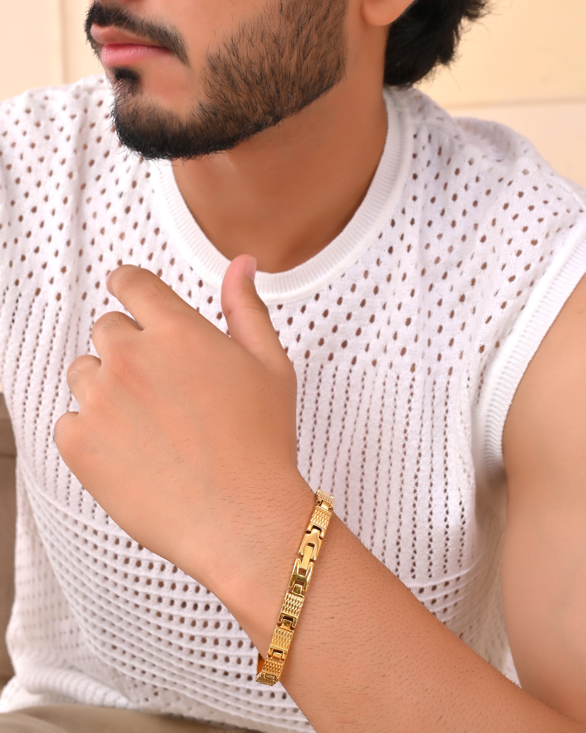 VOJ Men Gold-Toned Stainless Steel Linked Designer Chain Bracelet - Distacart