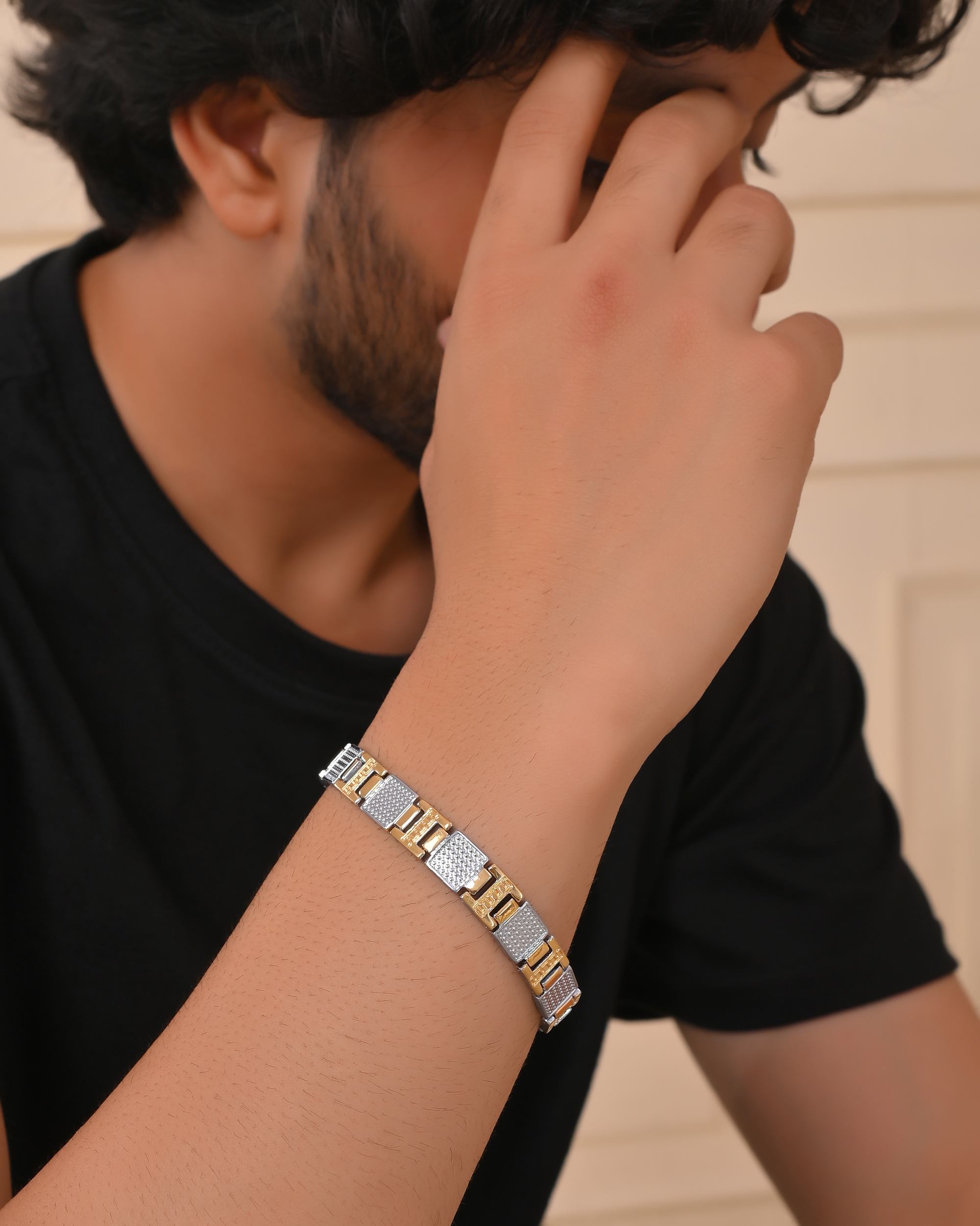 VOJ Men Dual-Toned Stainless Steel Textured Chain Bracelet - Distacart