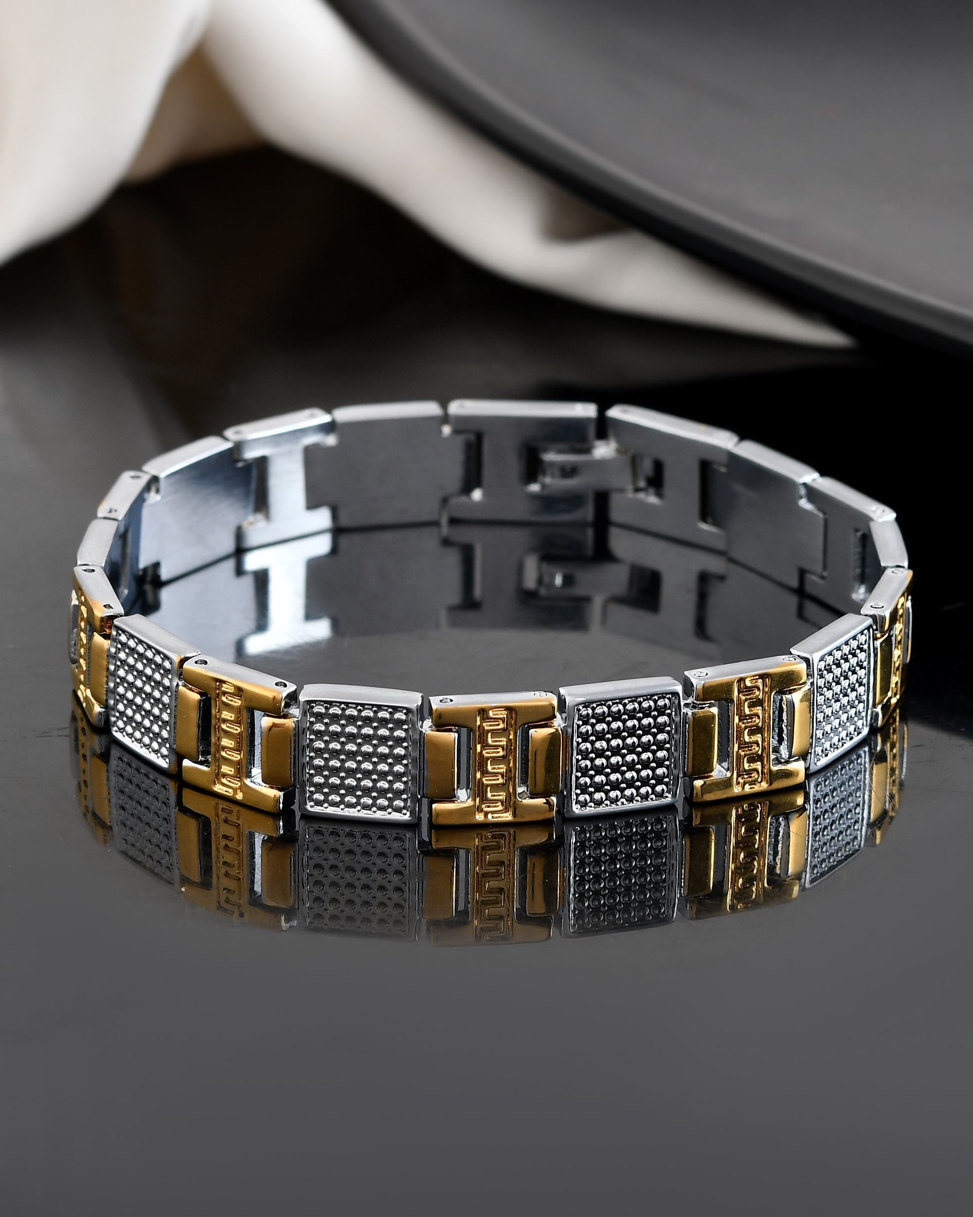 VOJ Men Dual-Toned Stainless Steel Textured Chain Bracelet - Distacart