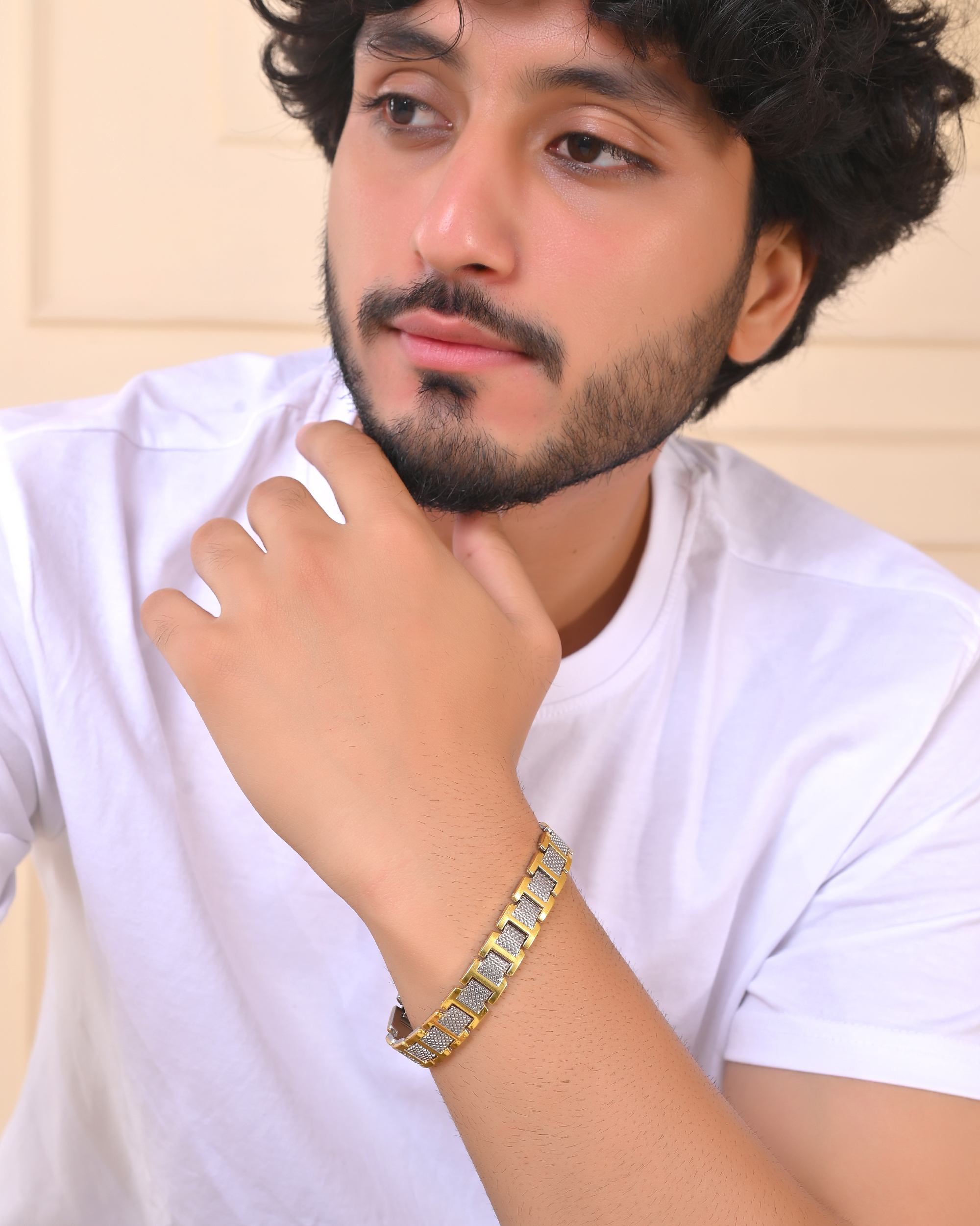 VOJ Silver And Gold Polished Stylish Geometrical Shaped Men's Bracelet - Distacart