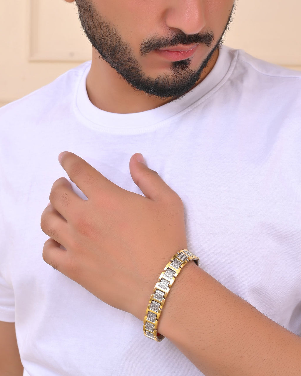 VOJ Silver And Gold Polished Stylish Geometrical Shaped Men's Bracelet - Distacart