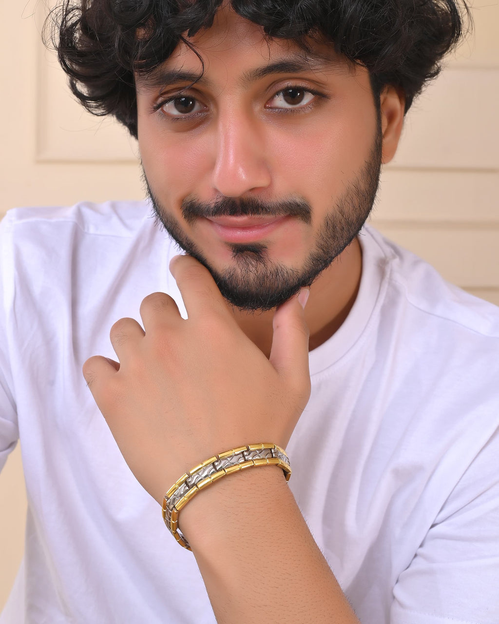 VOJ Silver And Gold Polished Textural Designed Linked Shaped Men's Bracelet - Distacart