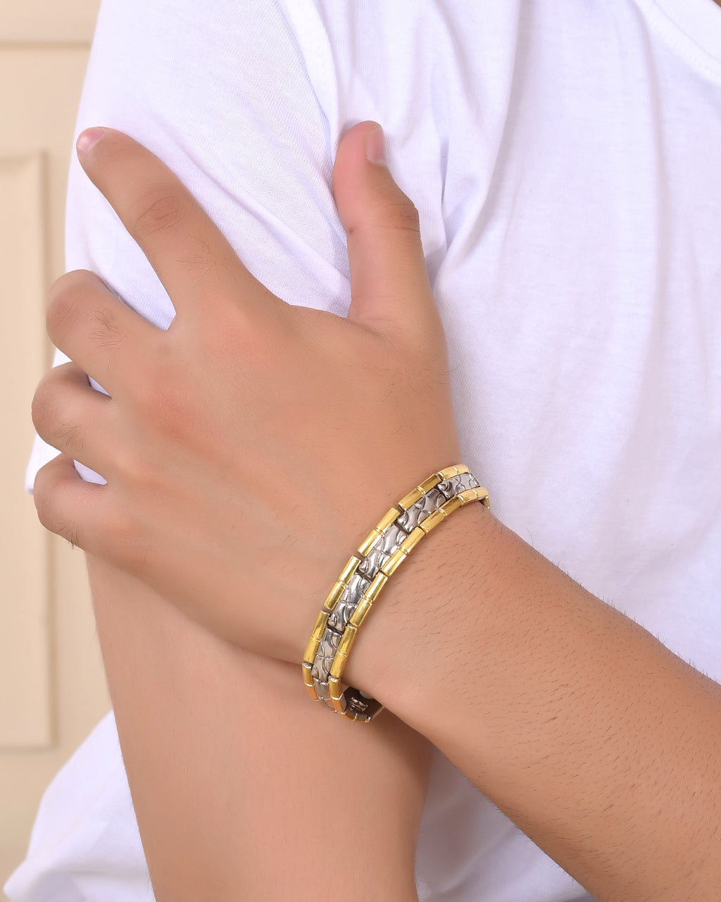 VOJ Silver And Gold Polished Textural Designed Linked Shaped Men's Bracelet - Distacart