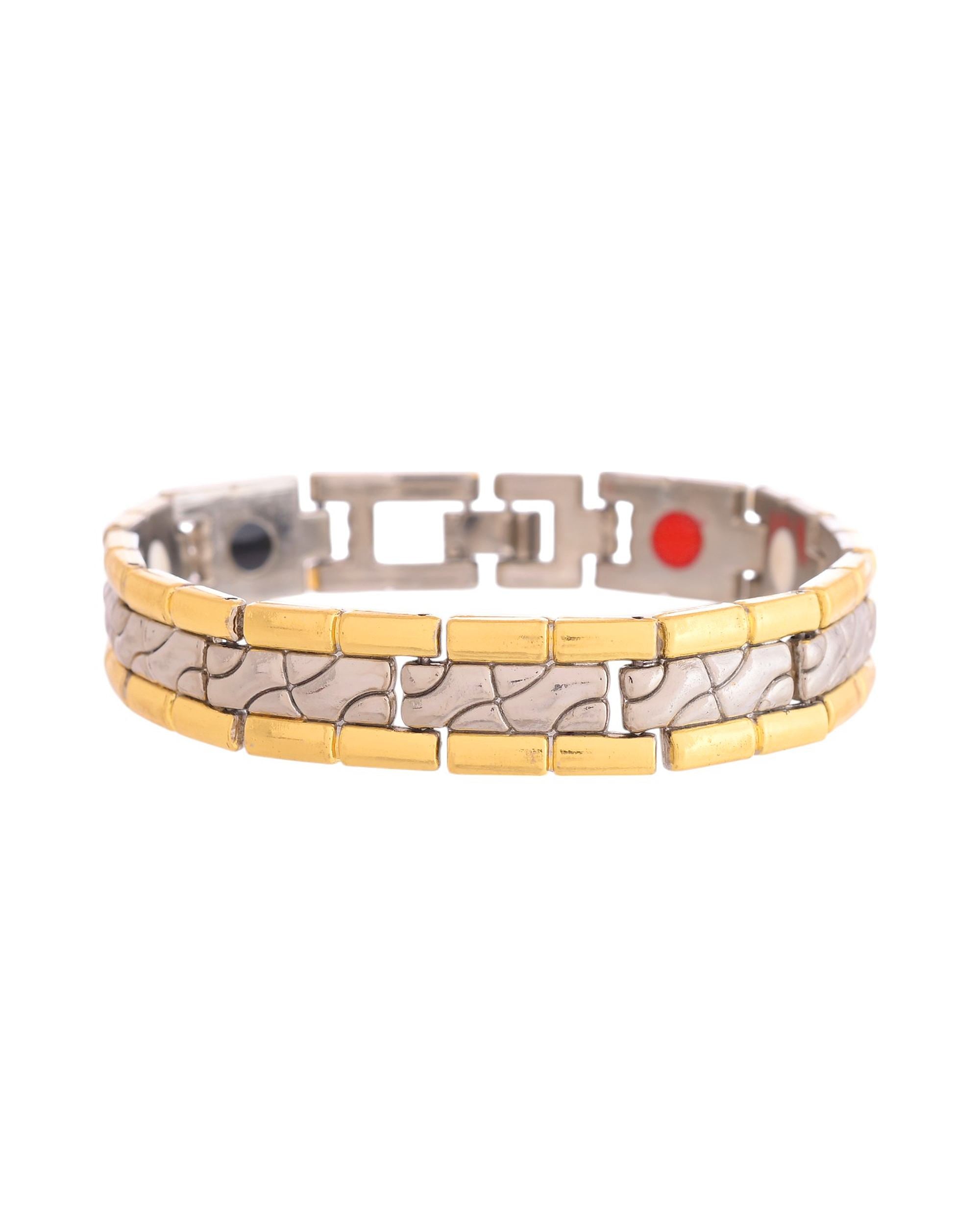 VOJ Silver And Gold Polished Textural Designed Linked Shaped Men's Bracelet - Distacart
