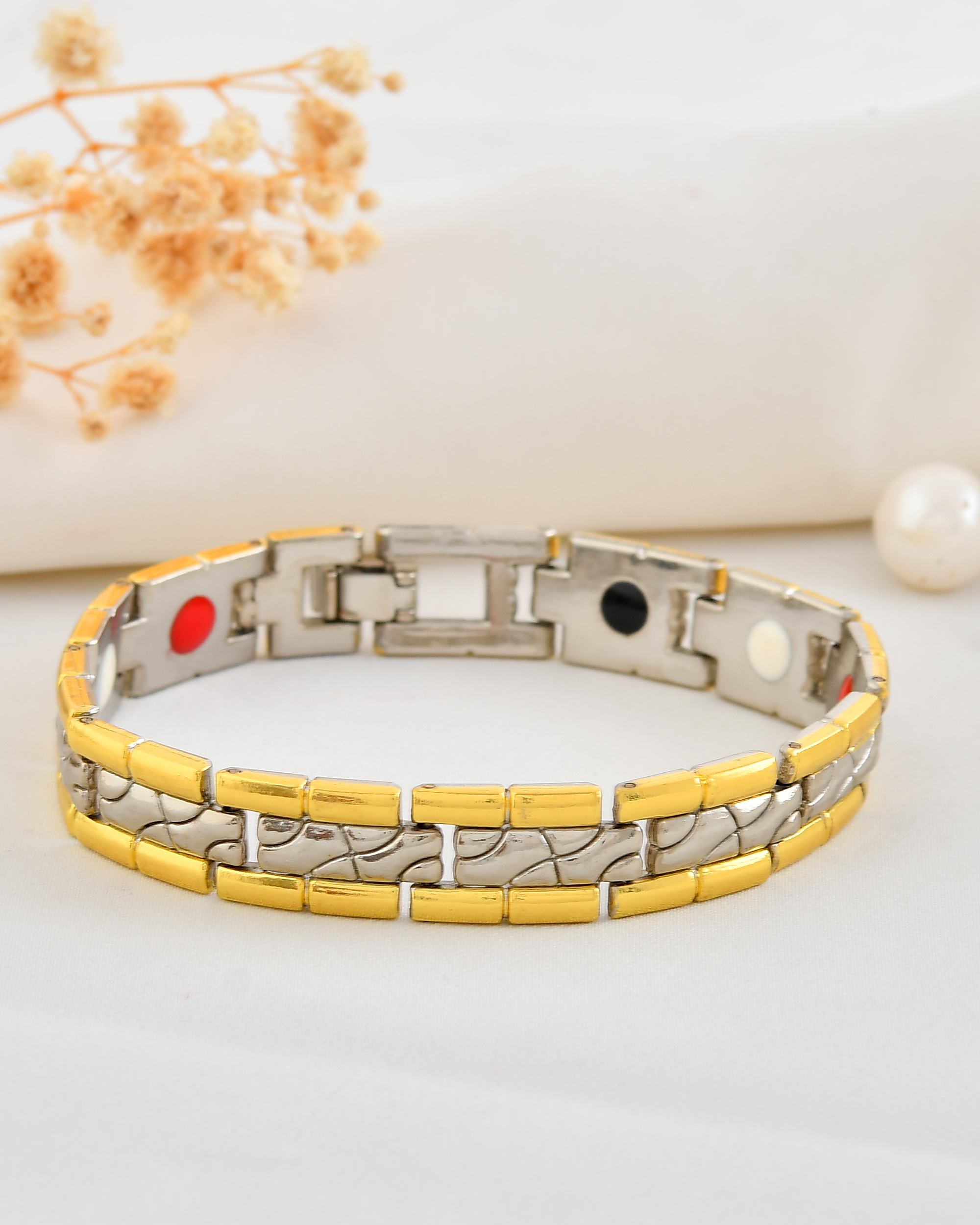VOJ Silver And Gold Polished Textural Designed Linked Shaped Men's Bracelet - Distacart