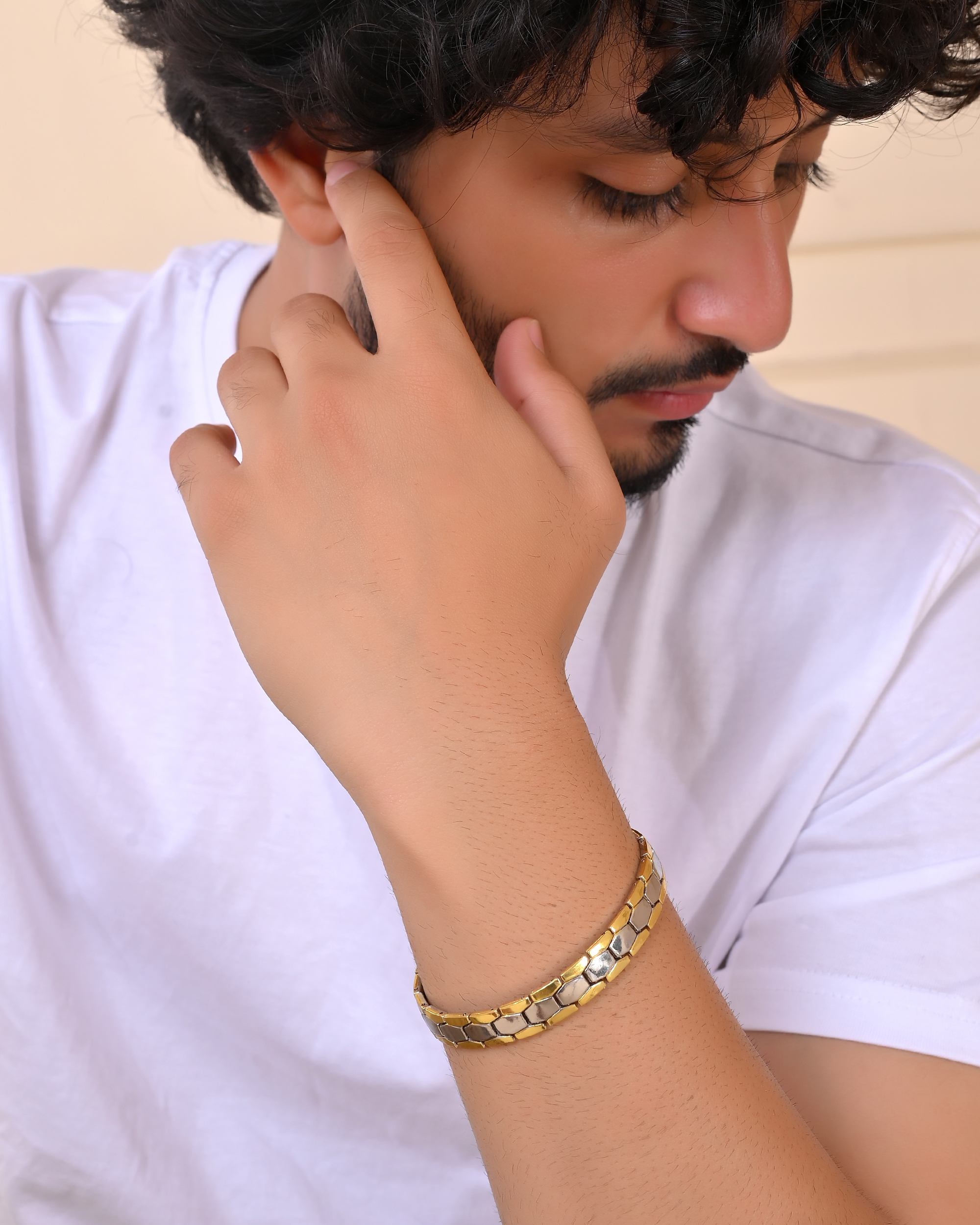 VOJ Silver And Gold Polished Minimal Geometrical Shaped Men's Bracelet - Distacart
