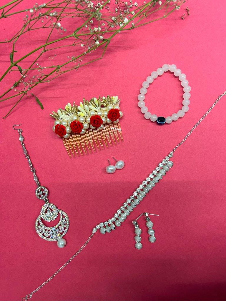 VOJ Valantine Gift Set of Silver Plated and Pearl Jewellery