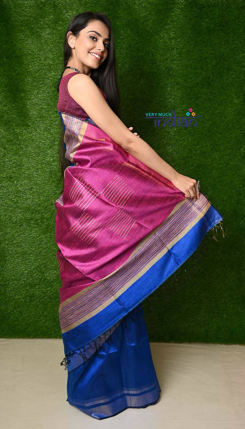 Very Much Indian Handwoven Raw Silk Dupion Saree - Cobalt Blue With Purple Pallu - Distacart