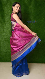 Very Much Indian Handwoven Raw Silk Dupion Saree - Cobalt Blue With Purple Pallu - Distacart