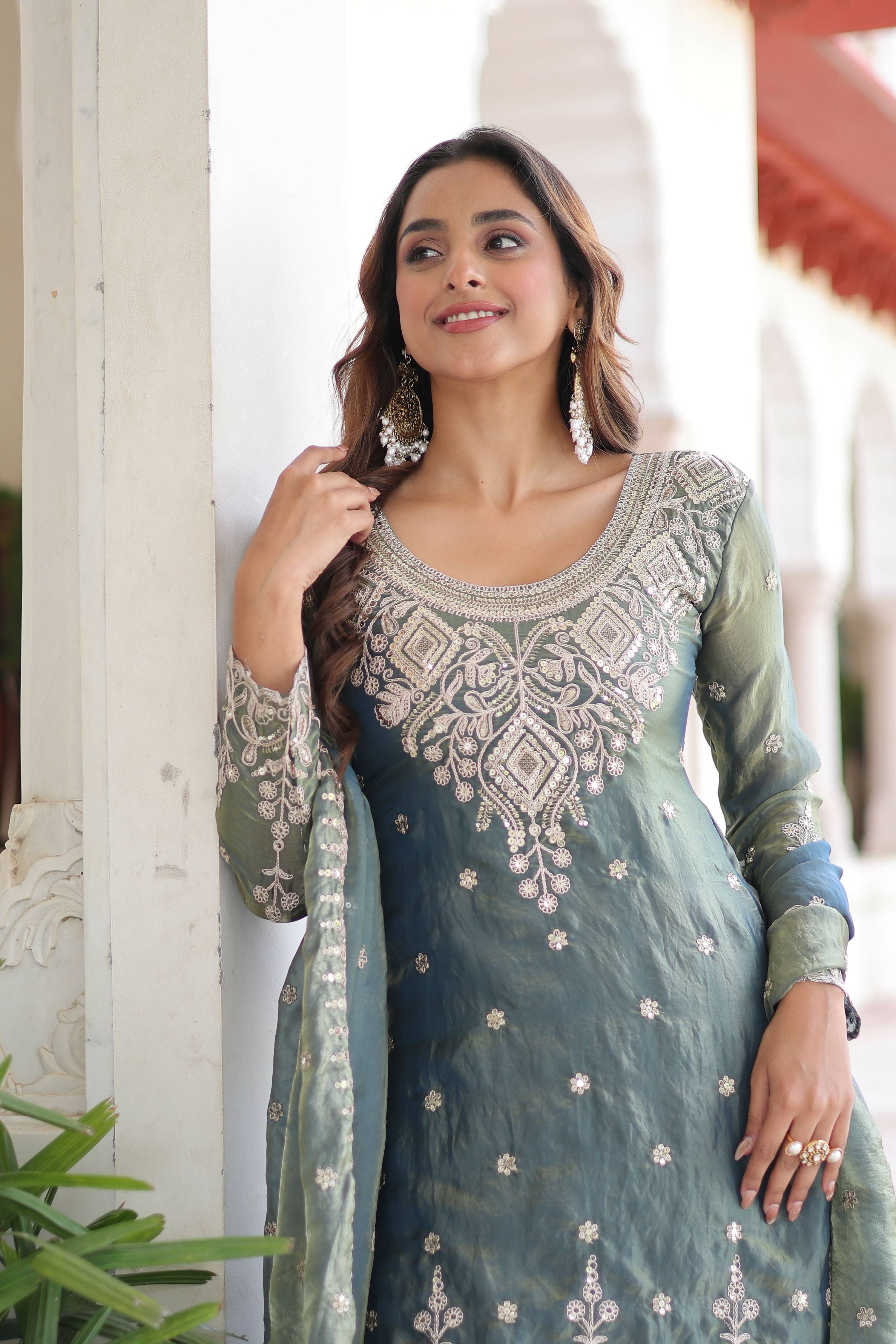 Joban Fashion Grey Readymade Kurta Set With Sequence embroidery Work - Distacart