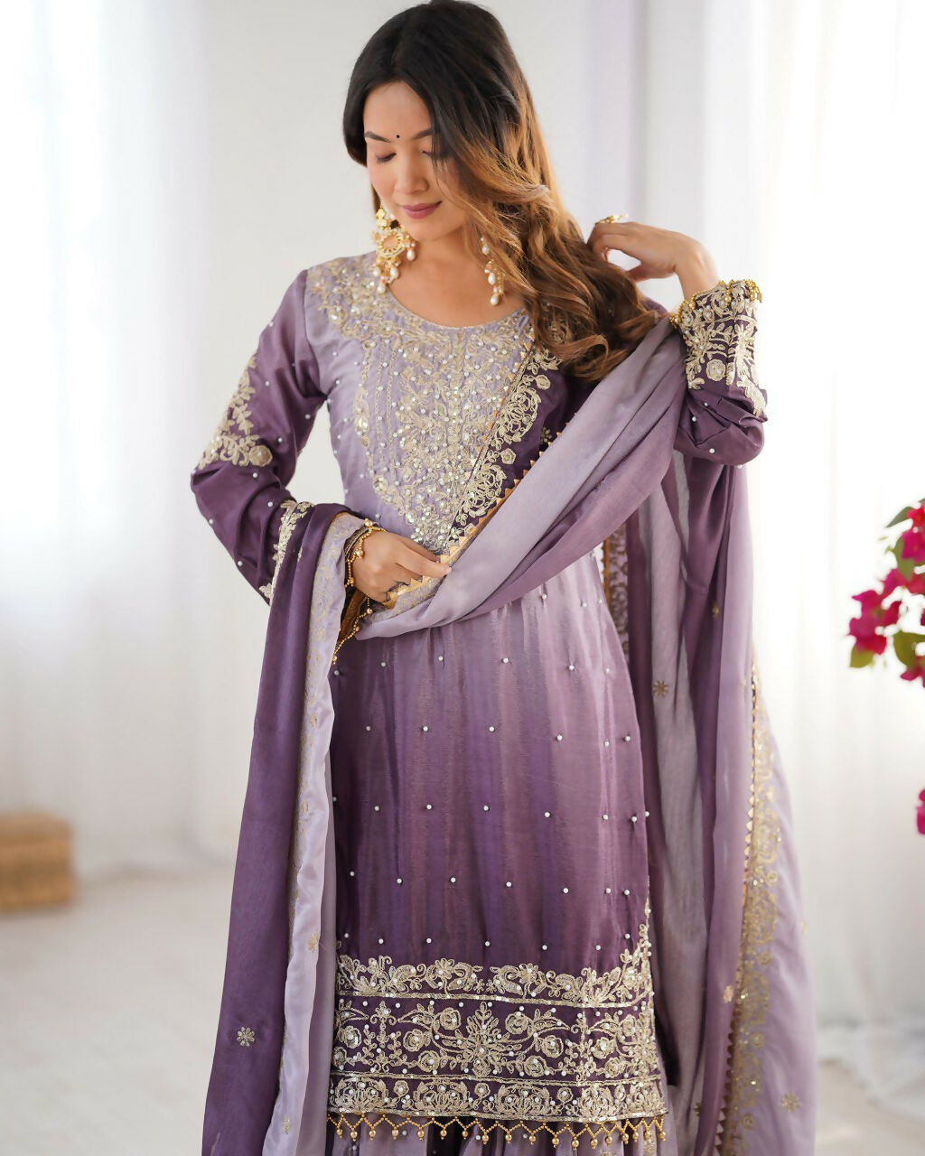 The52 Women's Beautiful Chinon silk Fabric Embroidery Work Straight Kurta Palazzo and Dupatta Set - Distacart