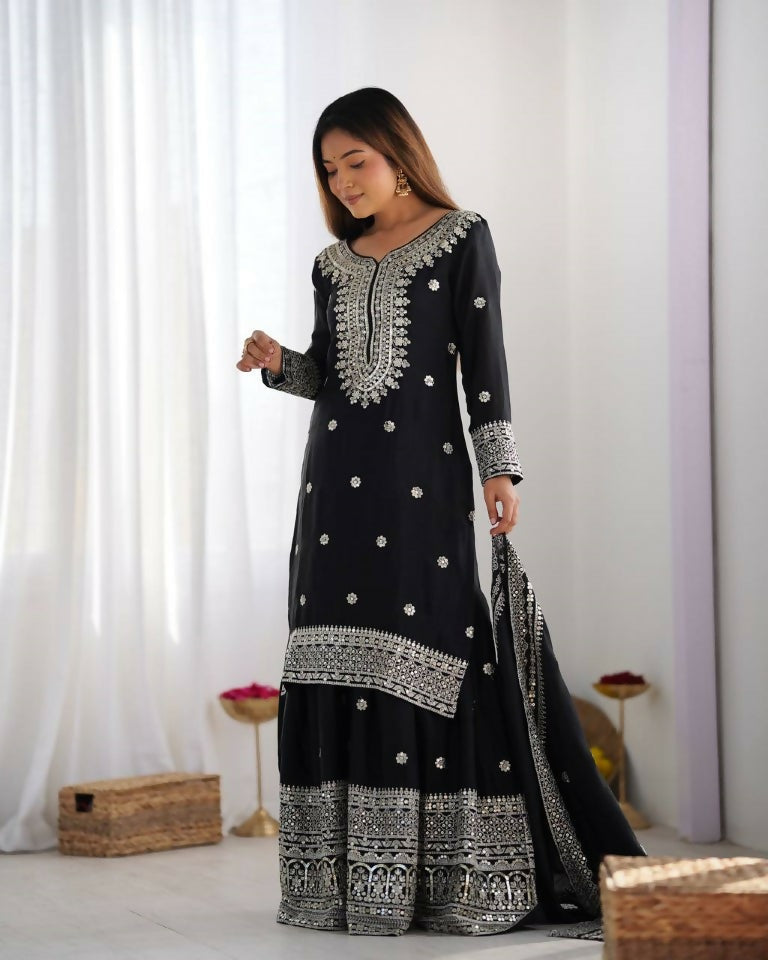 Teeya Creation Black Colour Chinnon Silk Heavy Embroidery Work Fully Stitched Salwar Suit - Distacart